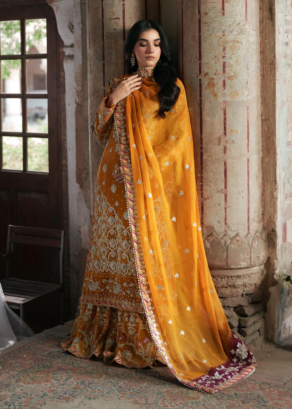Mustard Chiffon Gharara Dress for Ireland Women - Image 3